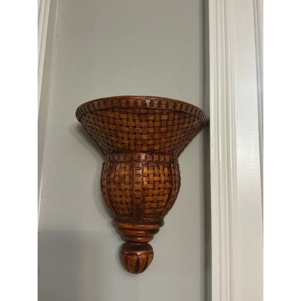 Vintage Faux Woven Basketweave Wall Pocket Planter Sconce Brown Resin Decor